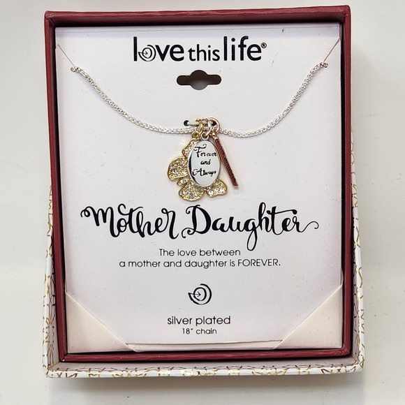 Love This Life Mother Daughter Butterfly Charm Chain Necklace Silver Plated New - Picture 1 of 4